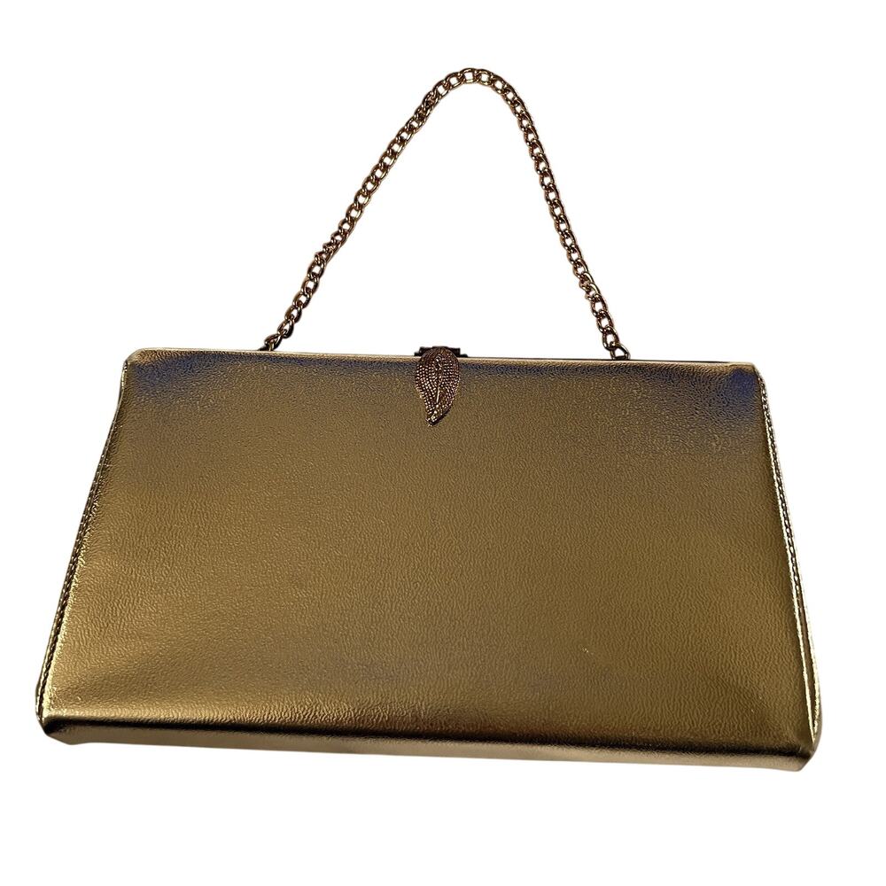 ⭐ 4/$20 Vintage Gold Clutch Cocktail Evening Handbag With Leaf Clasp Gold Chain